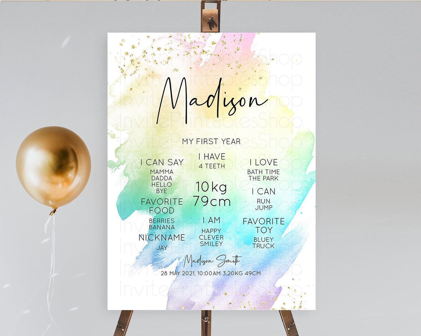 Pastel First Birthday Milestone Board Pastel Rainbow Milestone Poster Colorful Confetti Watercolor Glitter 1st Birthday Welcome Sign D10279