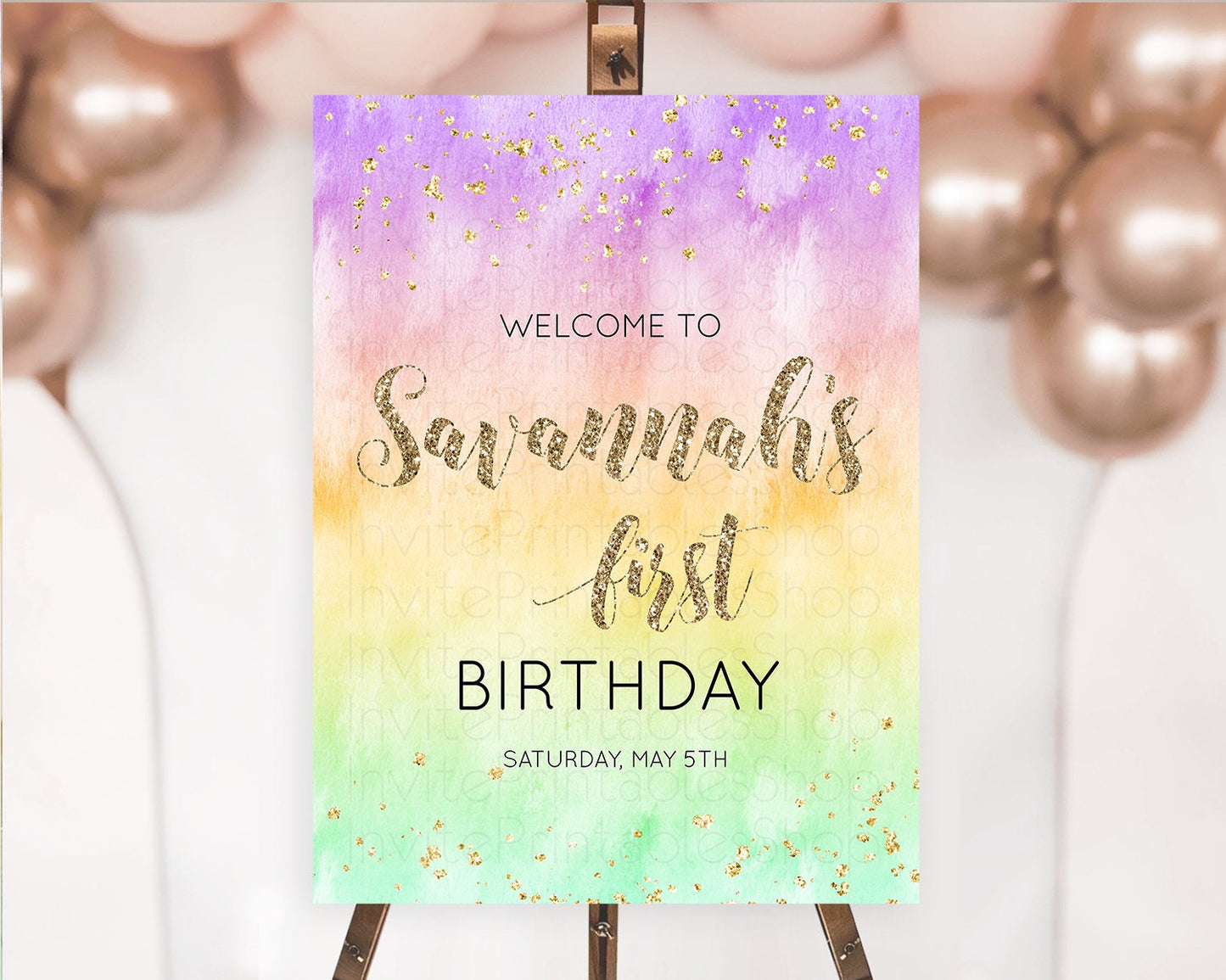 Pastel Welcome Sign Pastel Rainbow Welcome Sign Colorful Rainbow Confetti Watercolor Glitter Pastel First Birthday Welcome Sign D10512