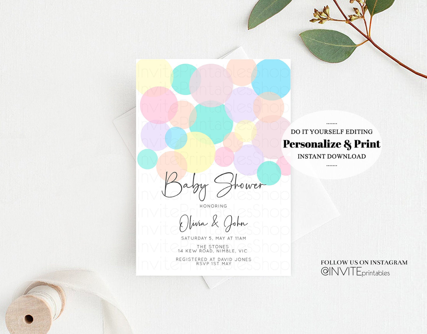 Pastel Baby Shower Invitation Colorful Rainbow Bubbles Confetti Sprinkles Blue Pink Yellow Green Boy Girl Gender Reveal Neutral Boy Girl