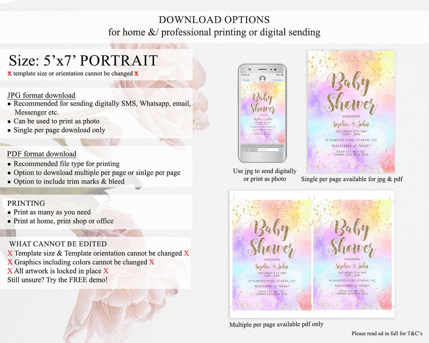Pastel Rainbow Baby Shower Invitation, Watercolor Splash, Confetti Sprinkles, Colorful Ombre - Blue, Yellow, Purple, Orange, Glitter D10435