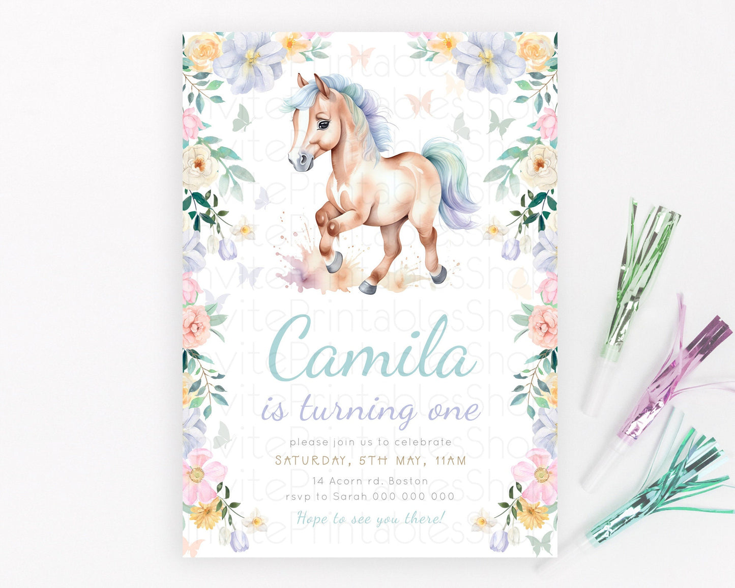 Horse Birthday Invitation, Galloping Wildflower Fields, Pastel Flowers, Butterflies, Flowers Accents for Equestrian & Cowgirls d23383