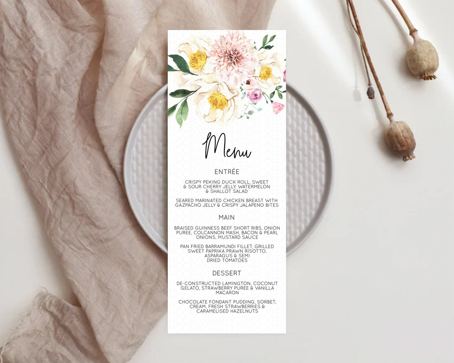 Secret Garden Menu Wildflower Menu Template Pastel Flower Garden Table Decor Boho Floral Dinner Dessert Floral Party Food Menu D11040