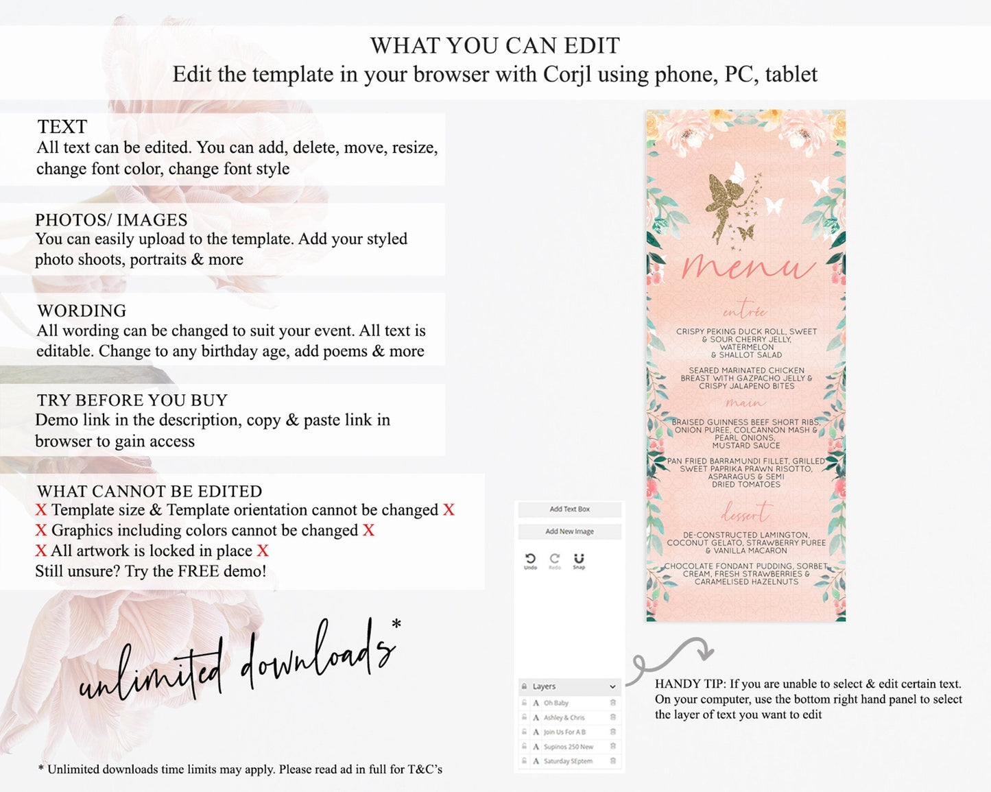 Fairy Menu Fairy Menu Template Enchanted Garden Pastel Floral Butterfly Table Decor Fairy Secret Garden Dinner Dessert Food Menu D10792