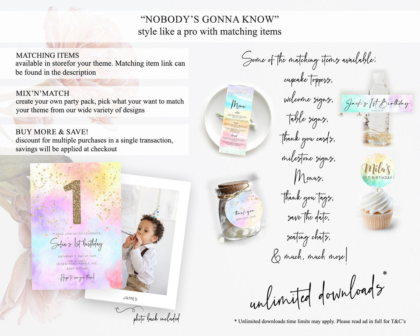 Rainbow Birthday Invitation Colorful Pastel Watercolor Invitation Gold Glitter Sprinkles Ombre Pastel 1st 2nd 3rd Birthday D10437