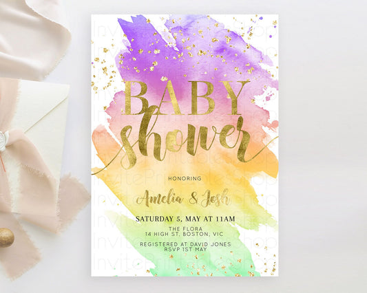 Pastel Baby Shower Invitation Rainbow Baby Shower Invitation Colorful Pastel Watercolor Invitation Gold Glitter Sprinkles Ombre D10517