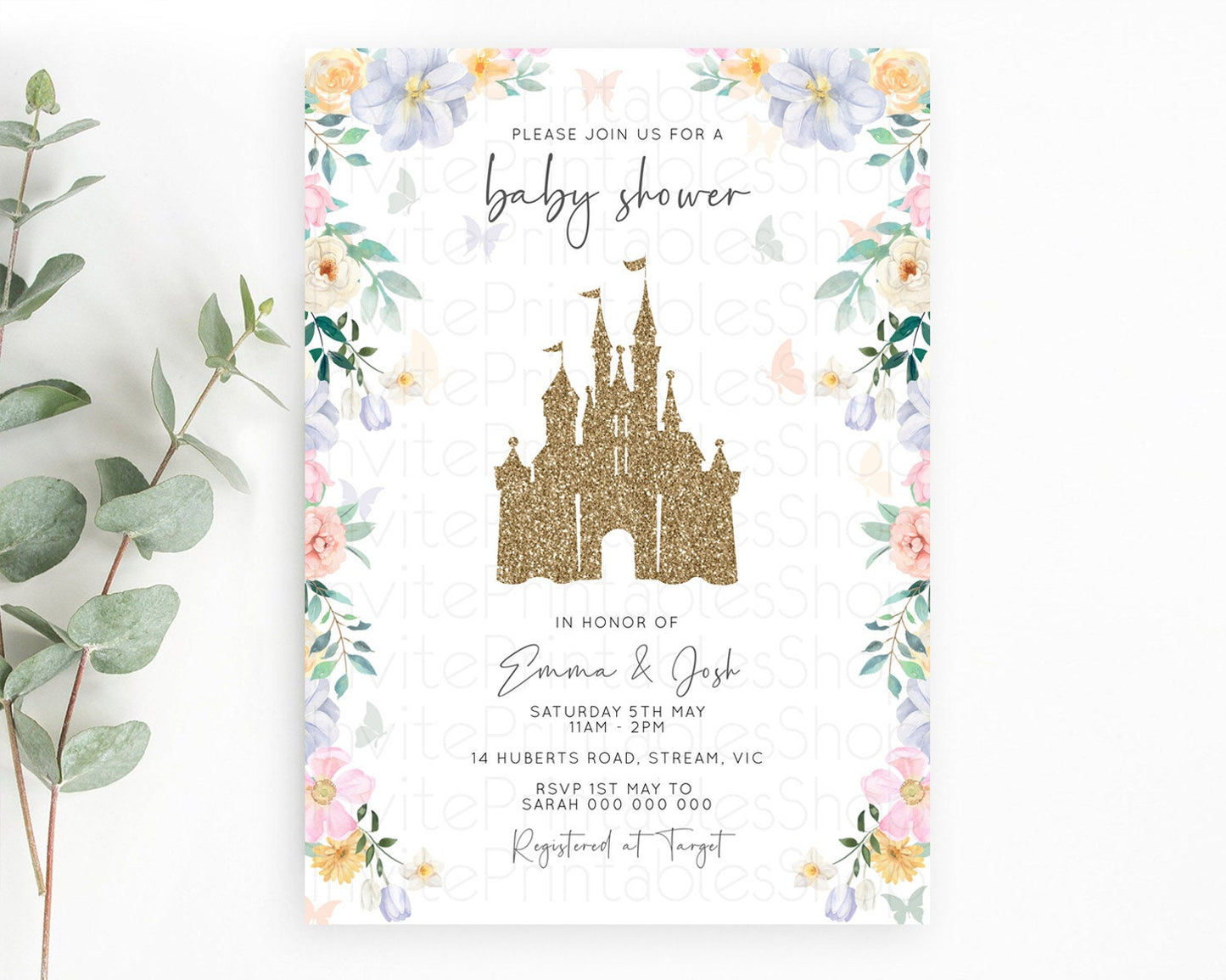 Pastel Princess Baby Shower Invitation Floral Castle Invitation Royal Baby Invite Enchanted Castle Pastel Flower Garden Baby Shower D10469