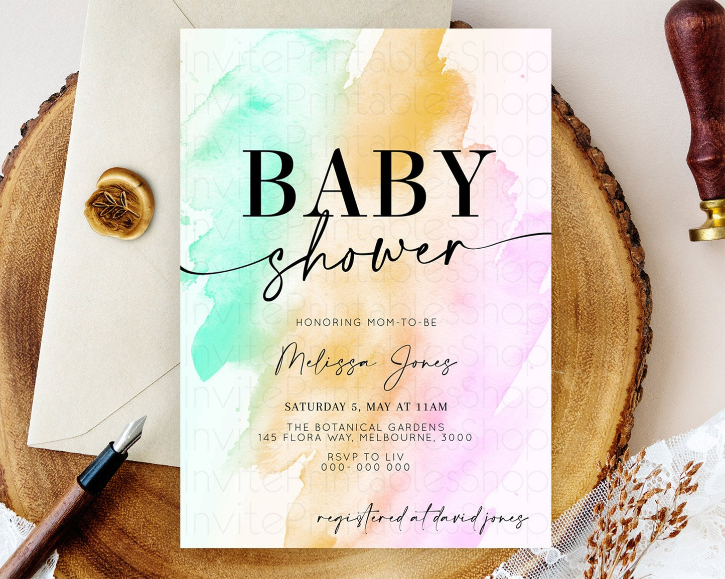 Pastel Baby Shower Invitation Rainbow Baby Shower Invitation Colorful Pastel Watercolor Invitation Gold Glitter Sprinkles Ombre D10962