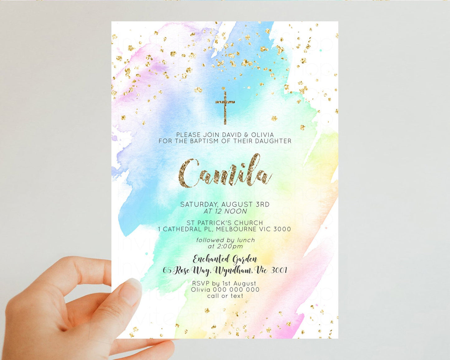 Rainbow Baptism Invitation Pastel Christening Invitation Holy Communion Invitation Glitter Watercolor Splash Invitation Colorful Invite g601