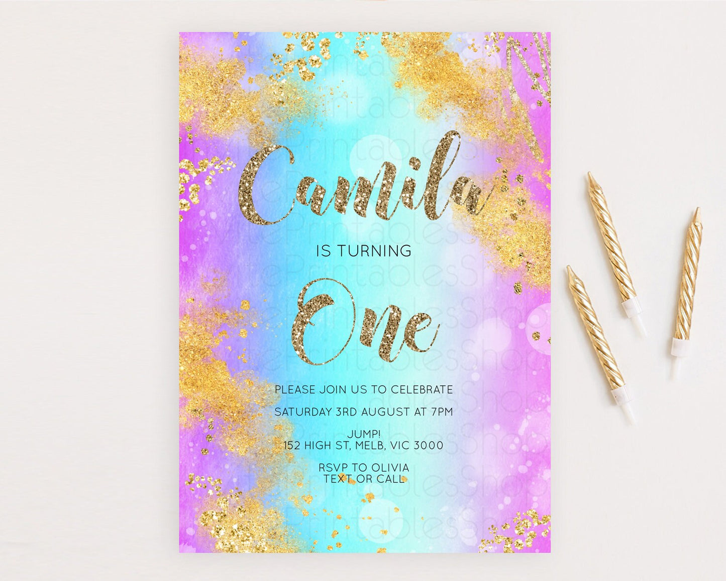 Rainbow Birthday Invitation Colorful Pastel Watercolor Invitation Gold Glitter Sprinkles Ombre Pastel 1st 2nd 3rd Birthday D10564