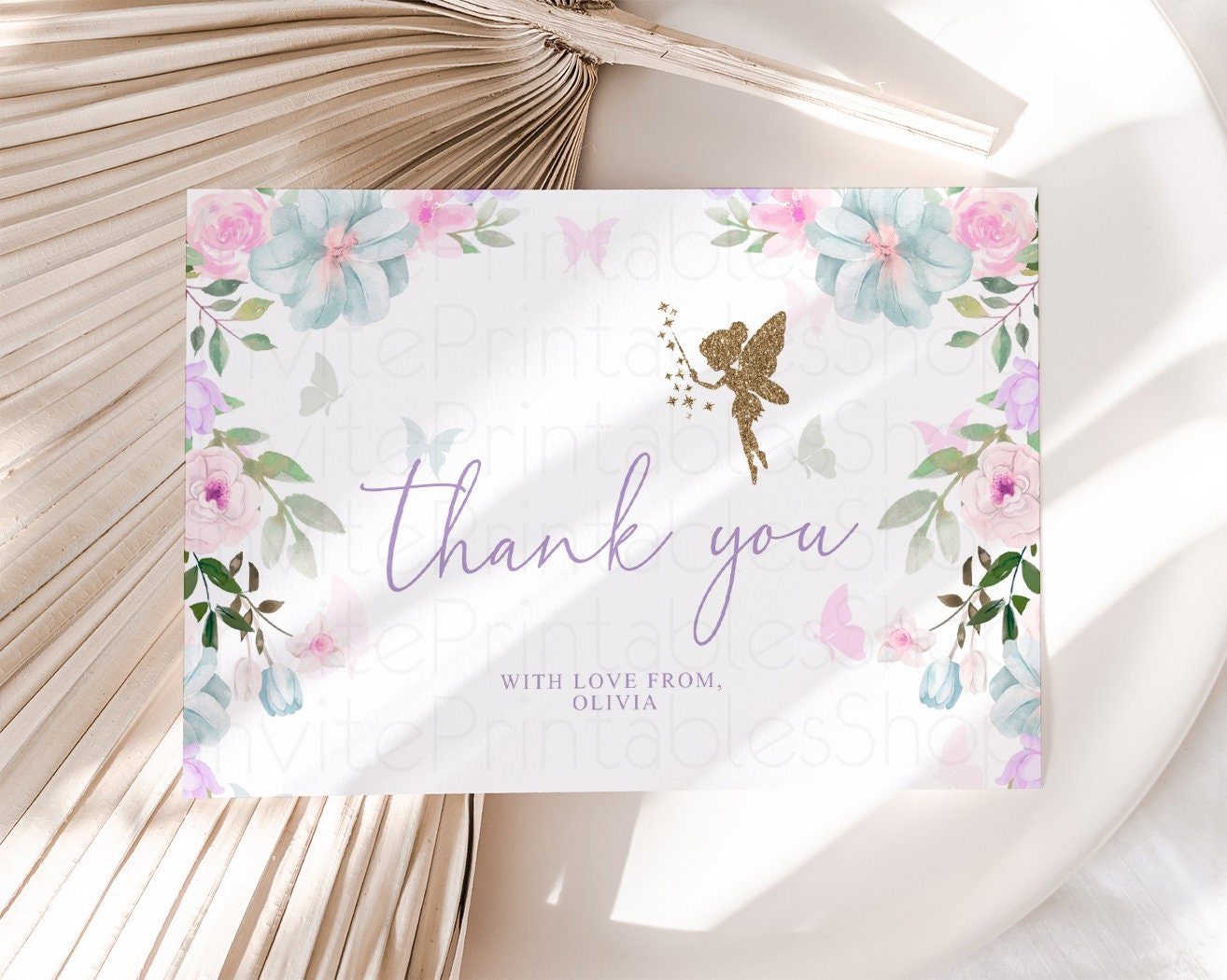 Fairy Thank you Pastel Floral Folded Card Colorful Fairy Garden Thank You Postcard Custom Message Purple Pink Birthday Baby Shower 513V3