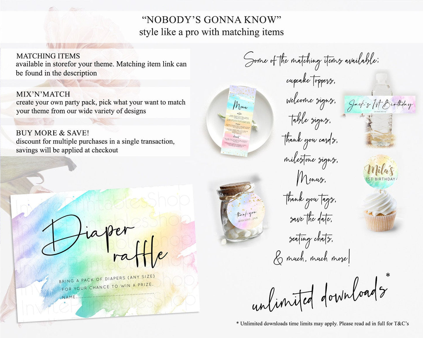 Pastel Diaper Raffle Card Pastel Rainbow Diaper Raffle Insert Colorful Ombre Watercolor Diaper Ticket Confetti Glitter Raffle Game D10279