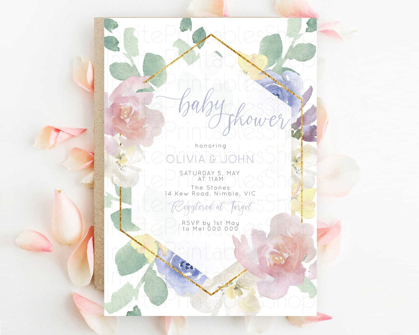 Wildflower Baby Shower Invitation, Secret Garden, Organic Pastel Colors, Flowers in Pink, Blue, Leafy Greens Floral Botanical Theme D10254