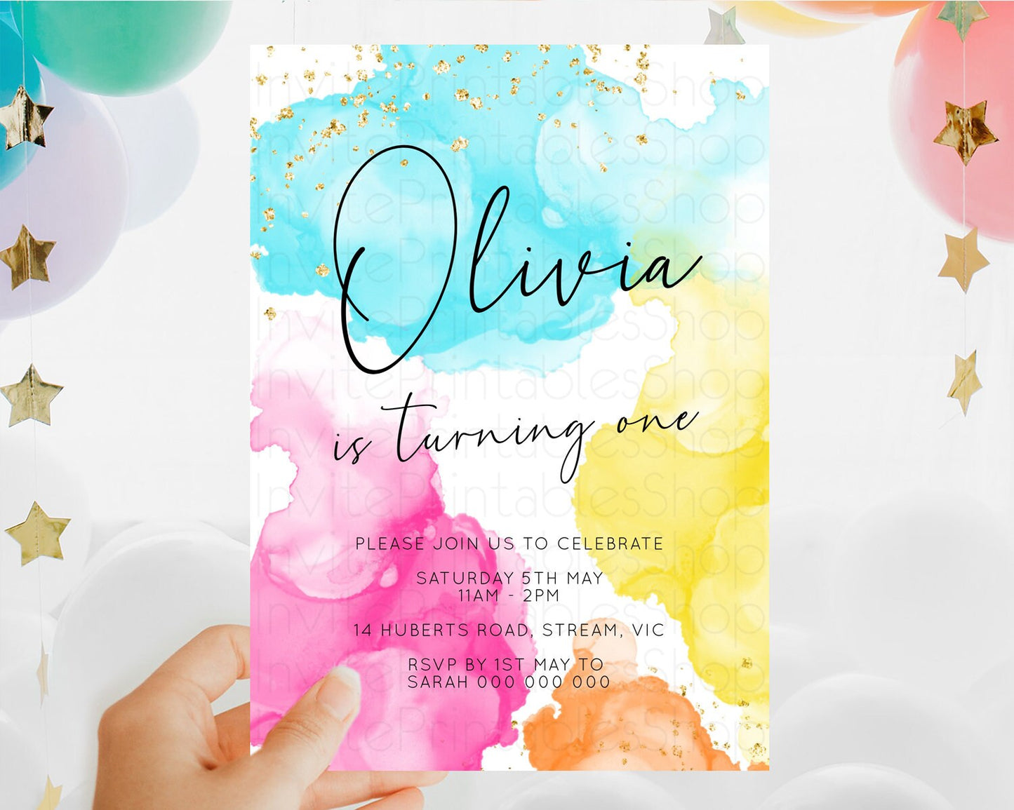 Rainbow Birthday Invitation Colorful Pastel Watercolor Invitation Gold Glitter Sprinkles Ombre Pastel 1st 2nd 3rd Birthday D10898