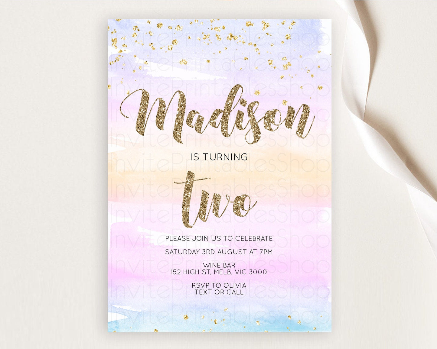 Rainbow Birthday Invitation Colorful Pastel Watercolor Invitation Gold Glitter Sprinkles Ombre Pastel 1st 2nd 3rd Birthday D10595