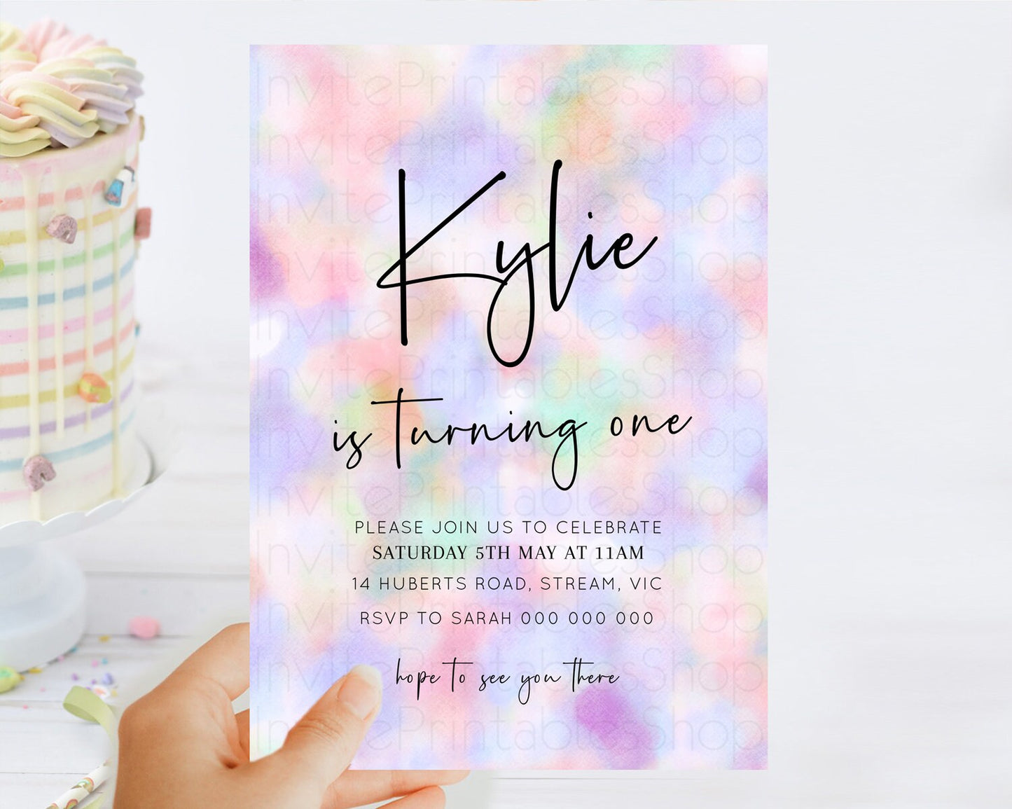 Rainbow Birthday Invitation Colorful Pastel Watercolor Invitation Gold Glitter Sprinkles Ombre Pastel 1st 2nd 3rd Birthday D10697