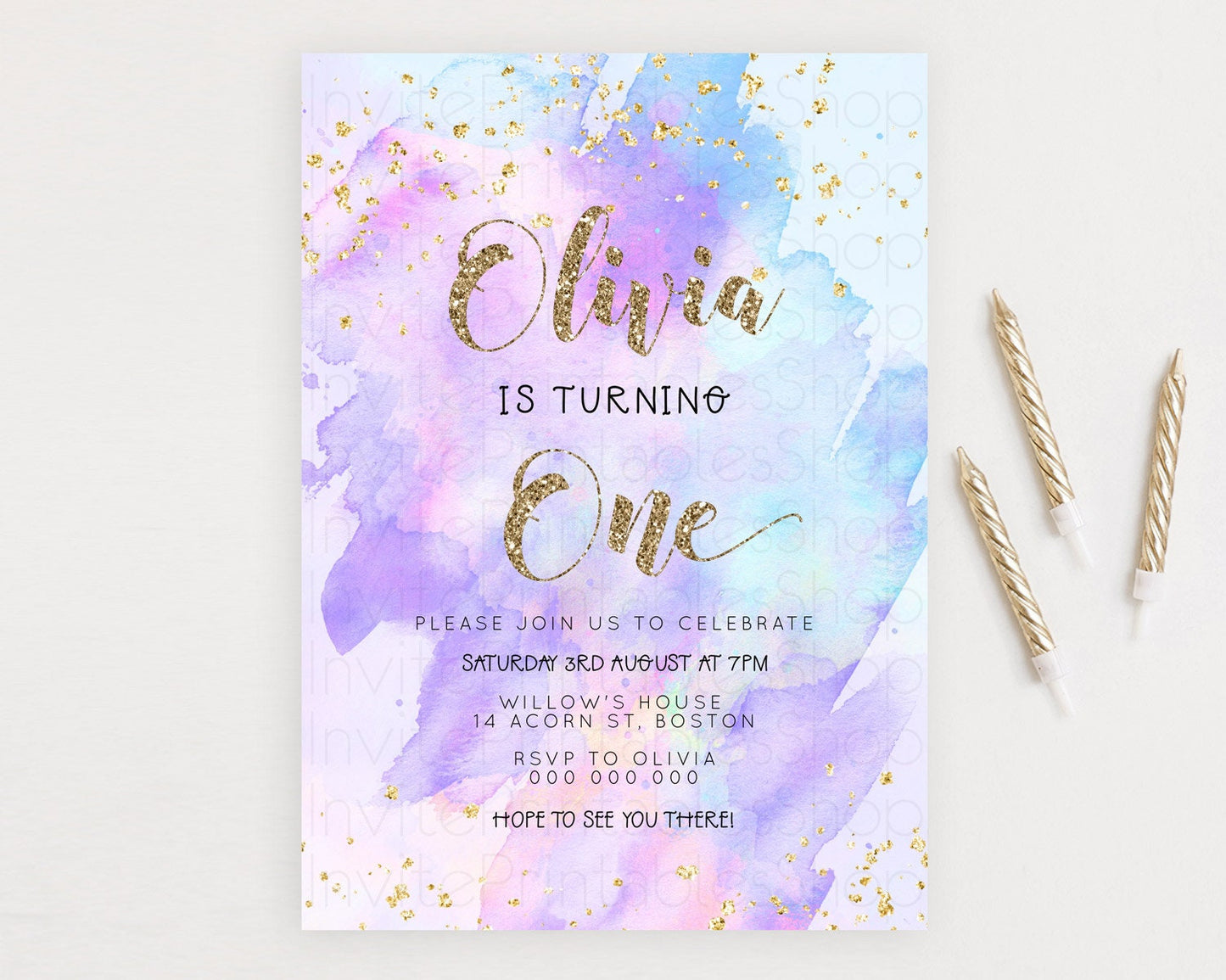 Rainbow Birthday Invitation Colorful Pastel Watercolor Invitation Gold Glitter Sprinkles Ombre Pastel 1st 2nd 3rd Birthday D23296