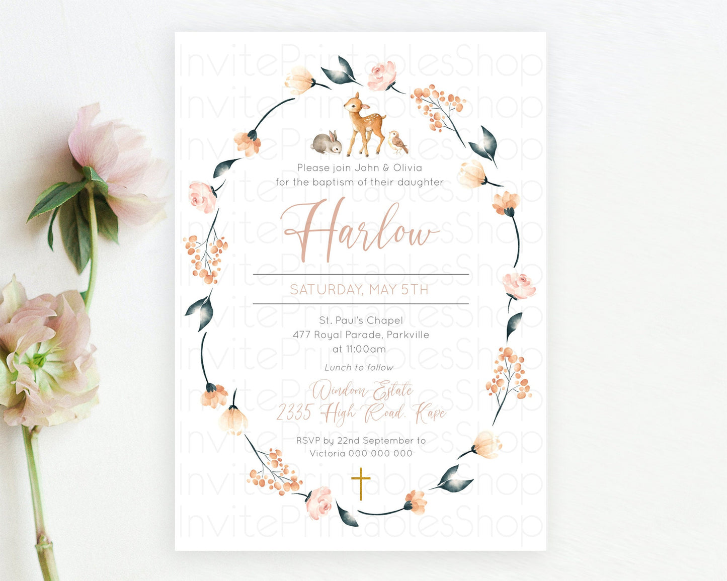 Fawn Baptism Invitation Deer Baptism 1st Birthday Invitation Enchanted Forest Christening Invitation Pastel Garden Butterfly Floral D10241