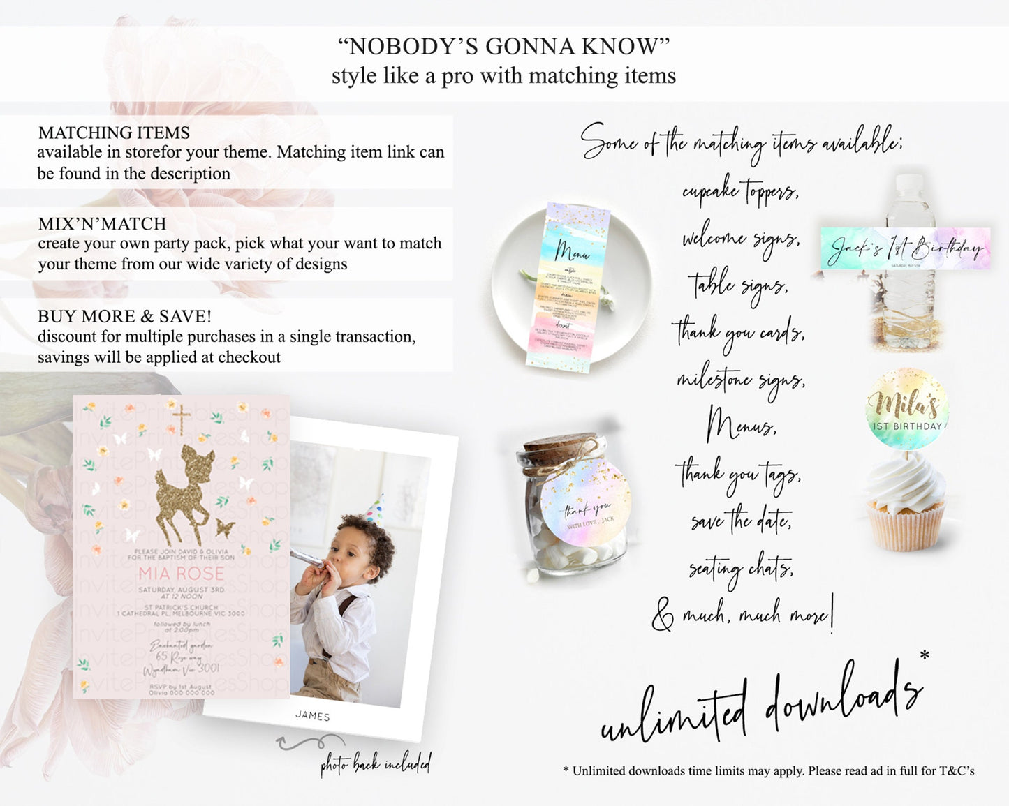 Fawn Baptism Invitation Deer Baptism 1st Birthday Invitation Enchanted Forest Christening Invitation Pastel Garden Butterfly Floral D10386