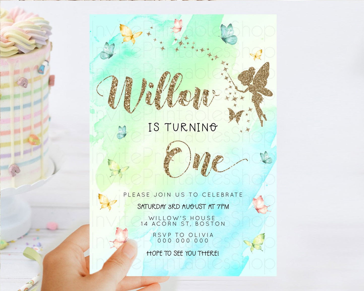 Pastel Fairy Birthday Invitation Pastel Butterflies Fairy Birthday Invitation Rainbow Ombre Watercolor 1st 2nd Birthday Invitation D23334