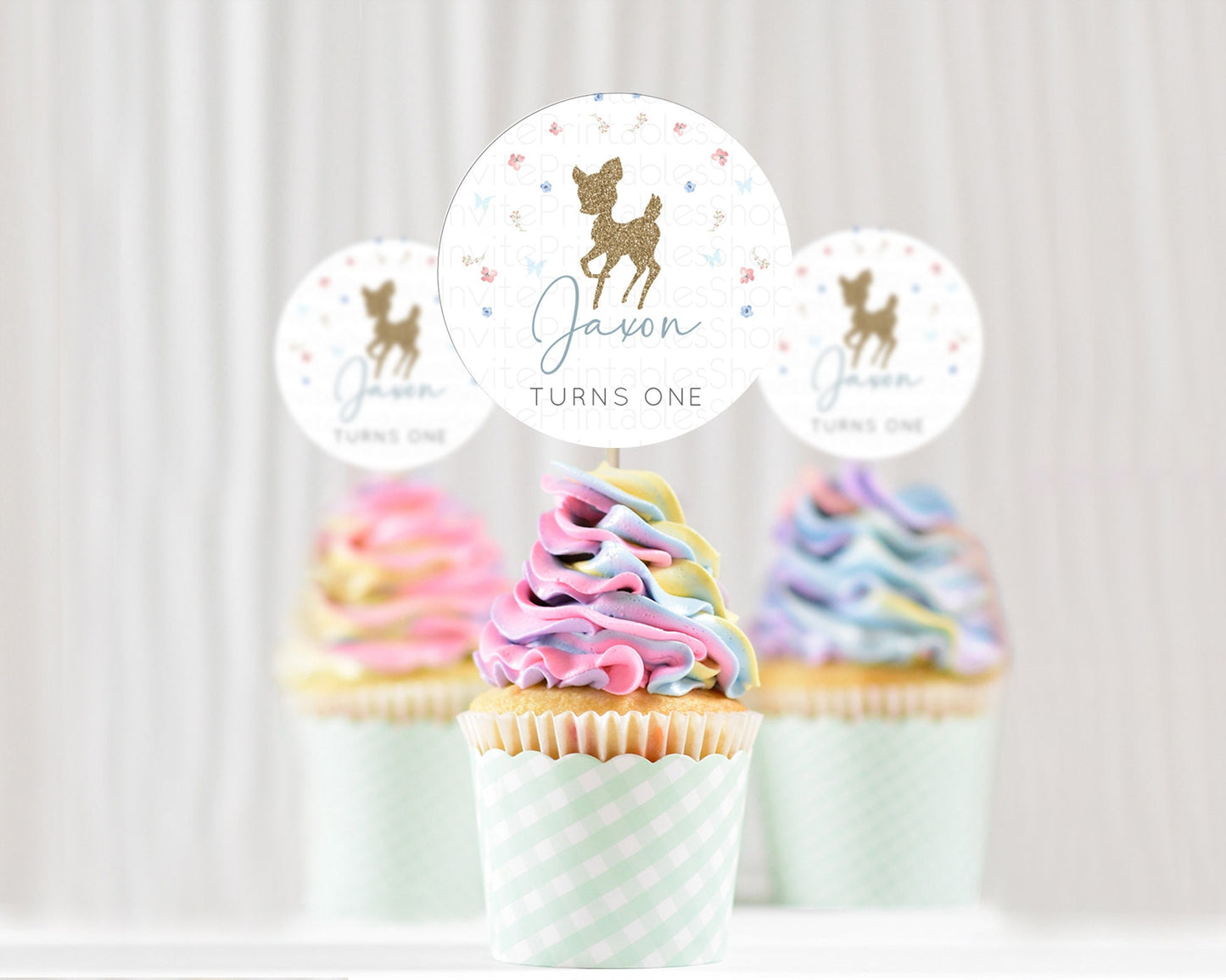 Fawn Cupcake Toppers Deer Cupcake Toppers Enchanted Forest Party Butterfly Pastel Flowers Woofland Cupcake Toppers First Birthday D10359