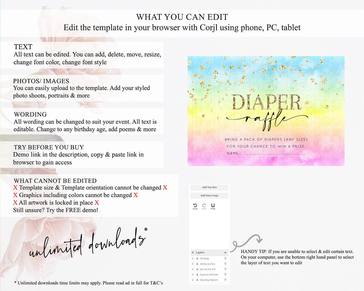 Pastel Diaper Raffle Card Pastel Rainbow Diaper Raffle Insert Colorful Ombre Watercolor Diaper Ticket Confetti Glitter Raffle Game D10483