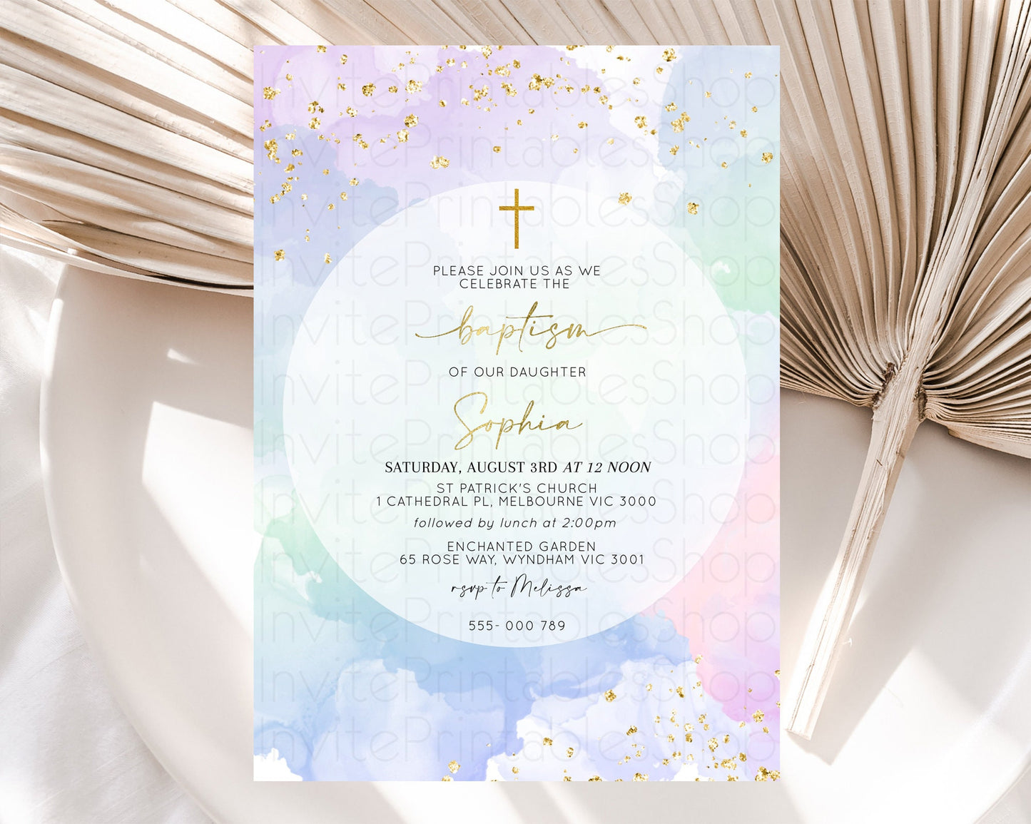 Pastel Baptism Invitation Pastel Colors Watercolor Baptism 1st Birthday Party Gold Ombre Pastel Rainbow Christening Holy Communion D10624