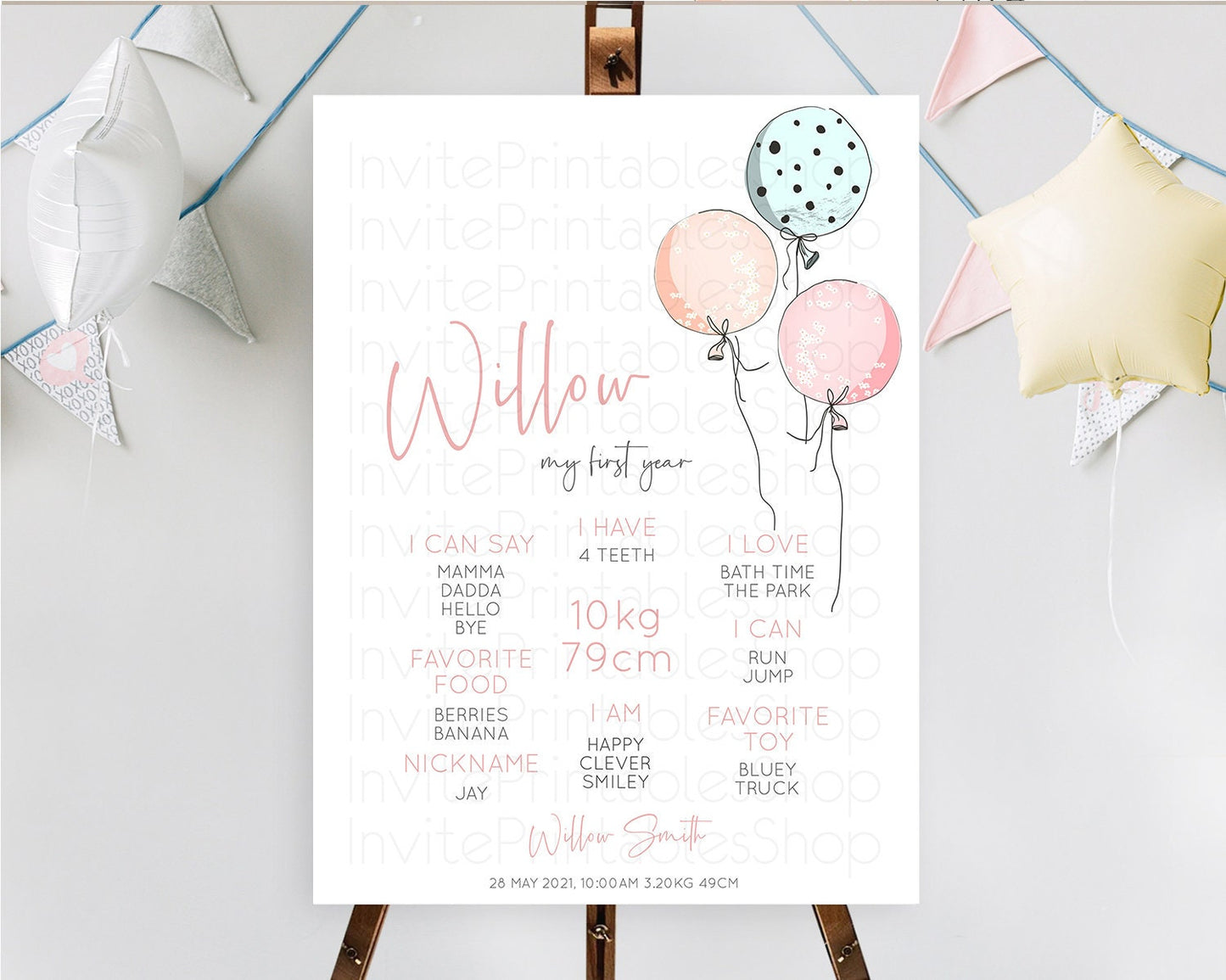 Pastel Balloons First Birthday Milestone Board Colorful Balloon Milestone Poster Rainbow Balloon Confetti 1st Birthday Welcome Sign D10868