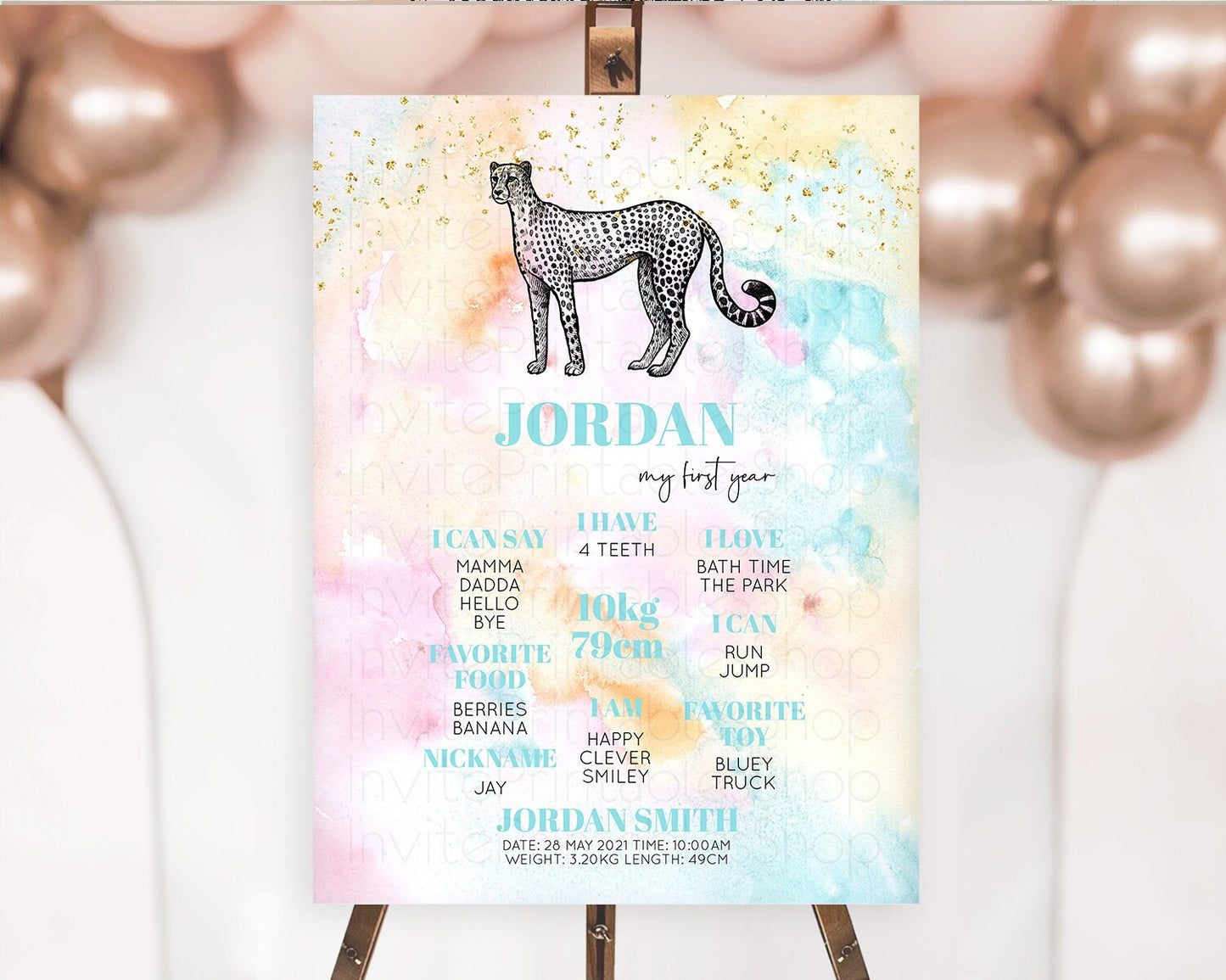 Pastel Cheetah First Birthday Milestone Board Cheetah Milestone Poster Colorful Rainbow Pastel Watercolor 1st Birthday Welcome Sign D10289