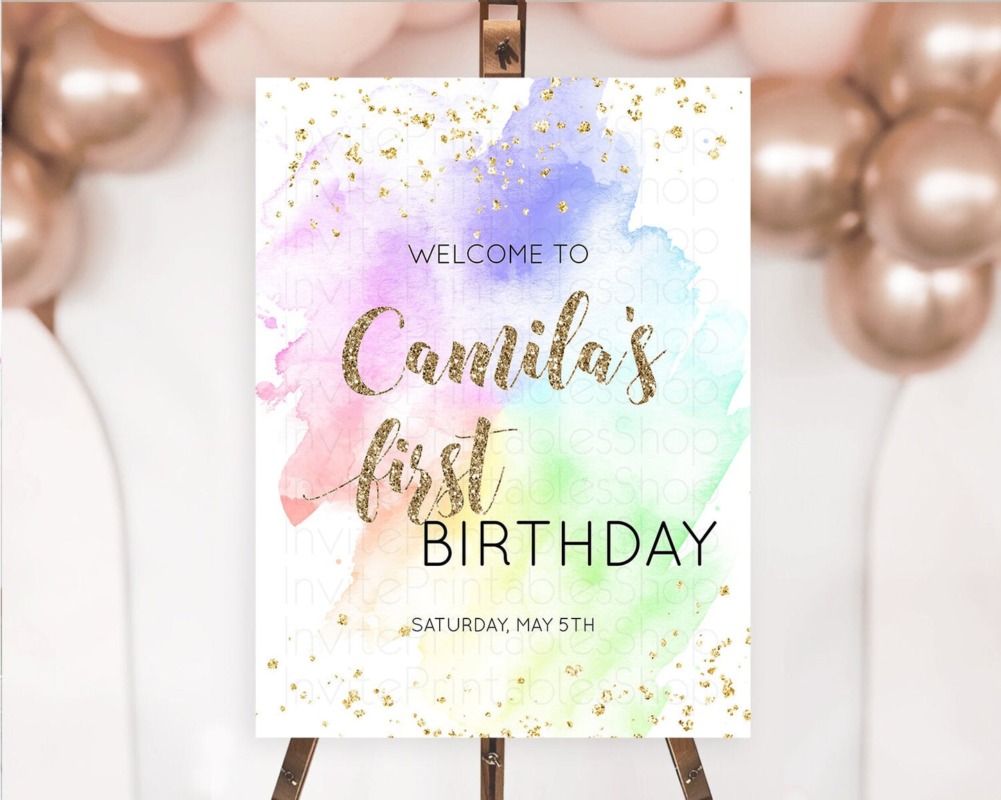 Pastel Welcome Sign Pastel Rainbow Welcome Sign Colorful Rainbow Confetti Watercolor Glitter Pastel First Birthday Welcome Sign D10319