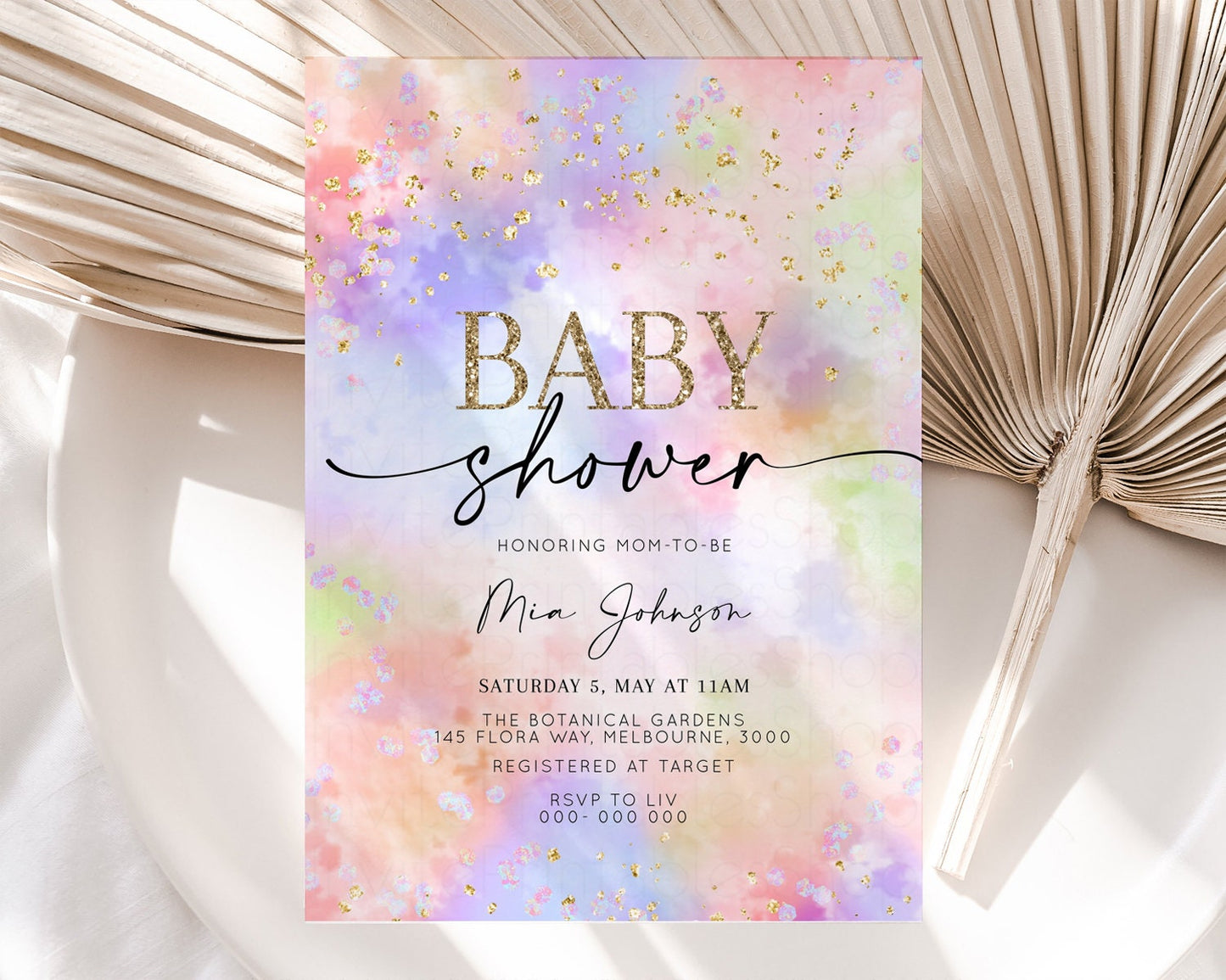 Rainbow Baby Shower Invitation Watercolor Pastel Invitation Colorful Splash Baby Invite Glitter Sprinkles Ombre Clouds Invite Whimsical K589