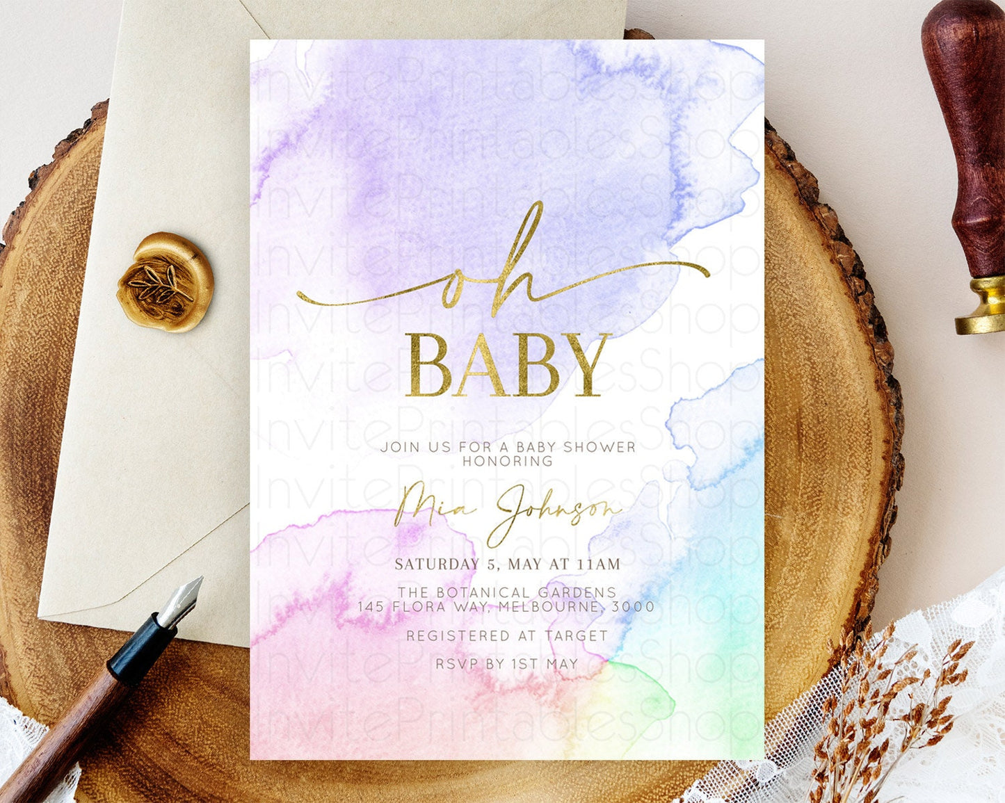 Pastel Baby Shower Invitation Rainbow Baby Shower Invitation Colorful Pastel Watercolor Invitation Gold Glitter Sprinkles Ombre D10215