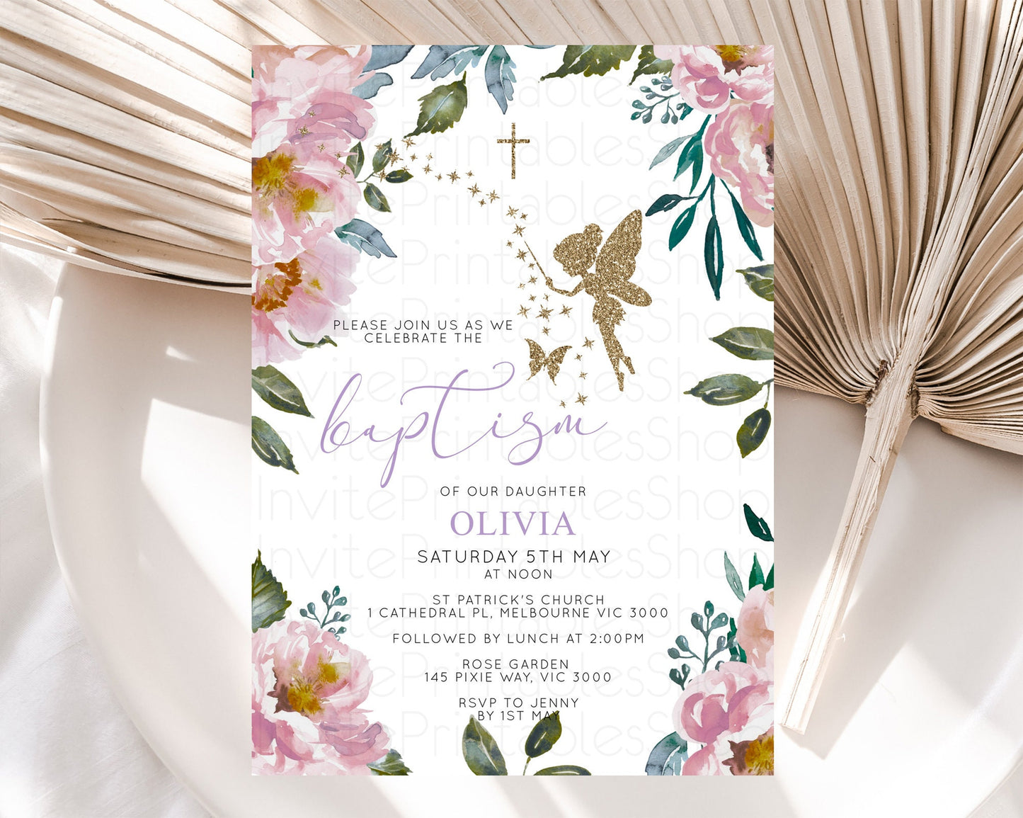 Fairy Baptism Invitation Fairy Baptism 1st Birthday Invitation Enchanted Secret Garden Christening Invite Pastel Floral Butterfly D10727