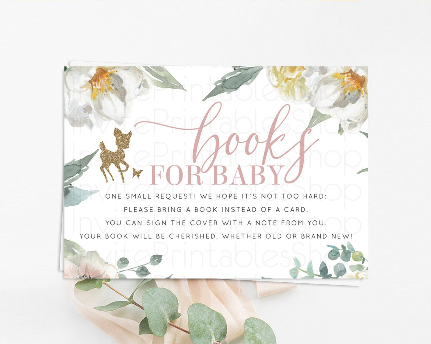 Fawn Books For Baby Card Deer Book Insert Floral Deer Book Card Enchanted Forest Butterfly Pastel Baby Shower Book Poem Request D10120