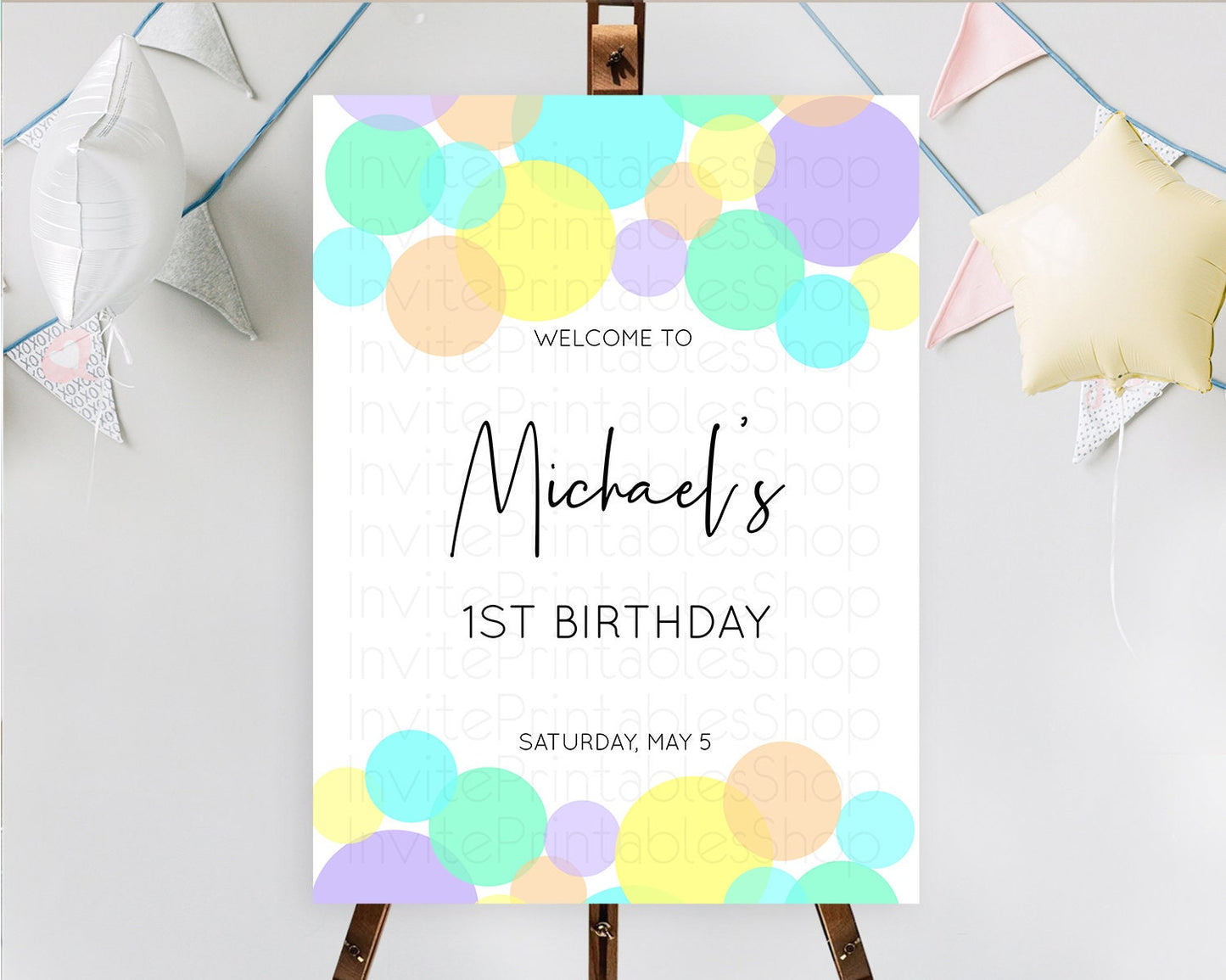 Rainbow Welcome Sign Pastel Welcome Board Pastel Rainbow Confetti Welcome Sign Colorful Bubbles Pastel First Birthday Welcome Sign D10412