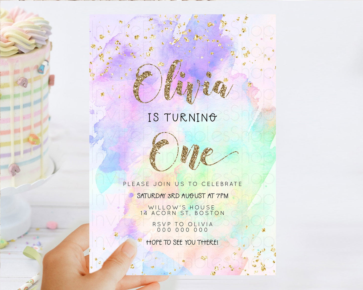 Rainbow Birthday Invitation Colorful Pastel Watercolor Invitation Gold Glitter Sprinkles Ombre Pastel 1st 2nd 3rd Birthday D23297