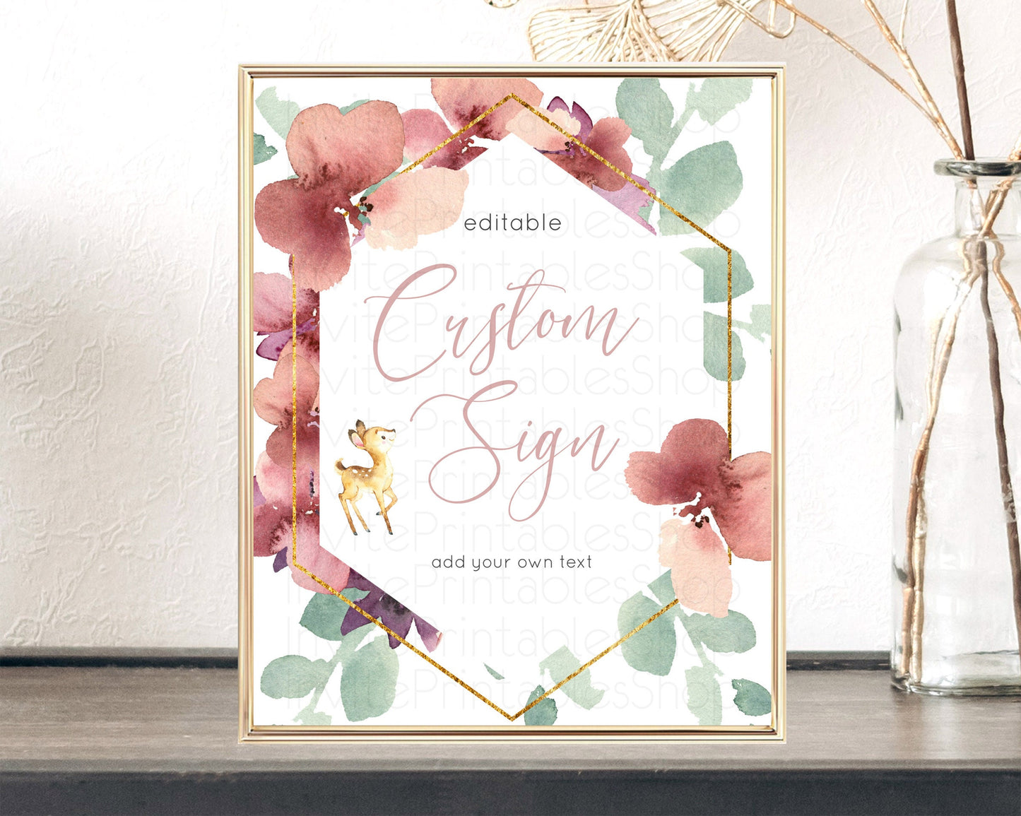 Editable Fawn Deer Sign Pastel Floral Deer Table Sign Decor Enchanted Forest