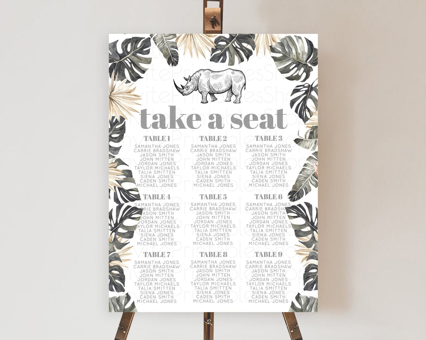 Rhino Seating Chart Rhino Seating Sign Rhino Take A Seating Chart Rhino Safari Adventure Decor Zoo Party Rhino Palm Leaf Decor D10826