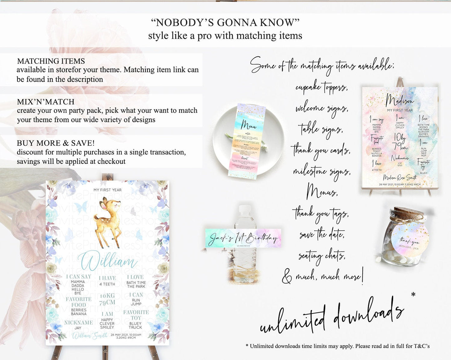 Fawn First Birthday Milestone Board Deer First Birthday Milestone Poster Enchanted Forest Butterfly Pastel Flowers 1st Birthday Sign D10960