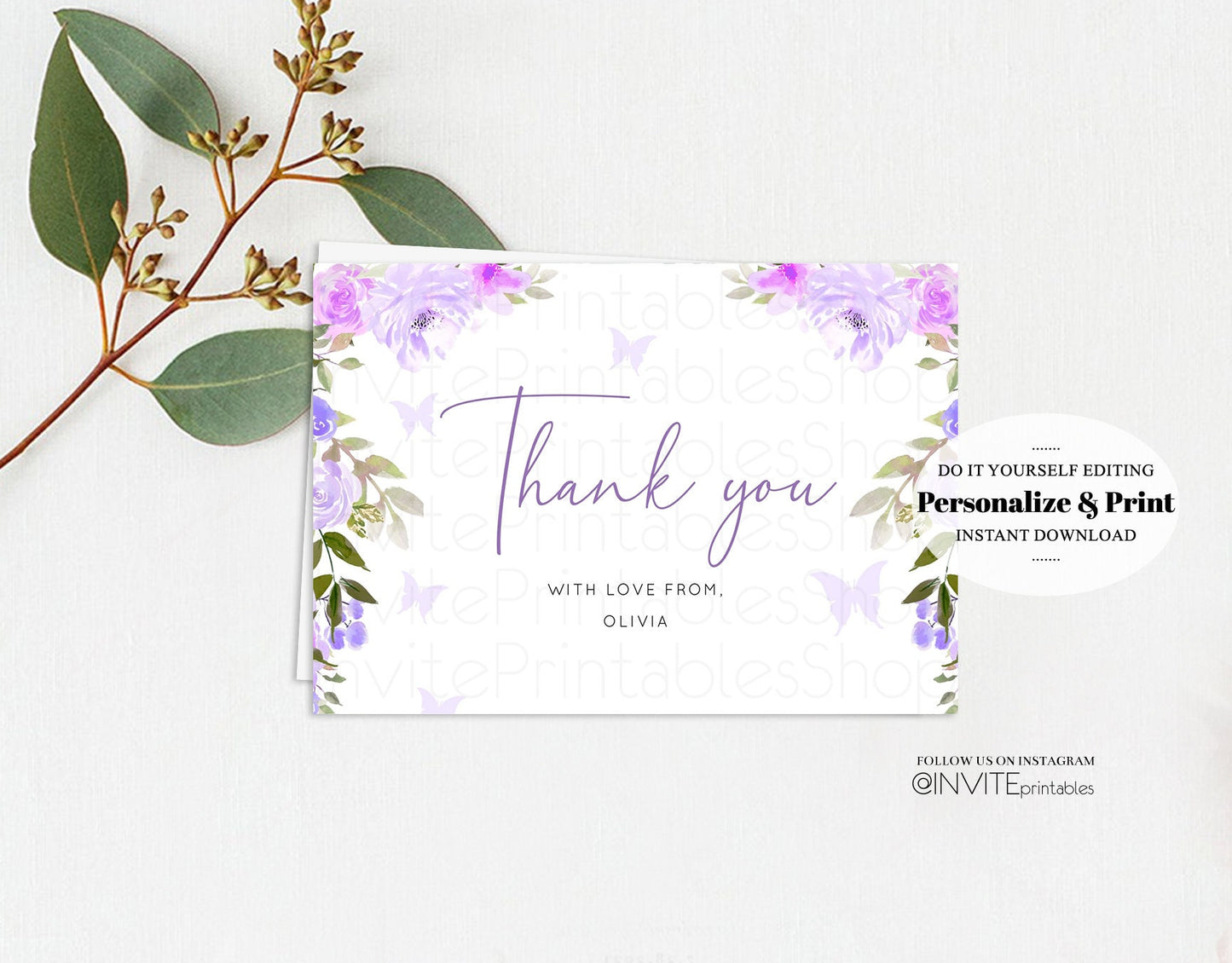 Floral Thank You Card Watercolor Purple Butterflies Flowers Modern Custom Message Birthday Baby Shower Flat Postcard Printable Template