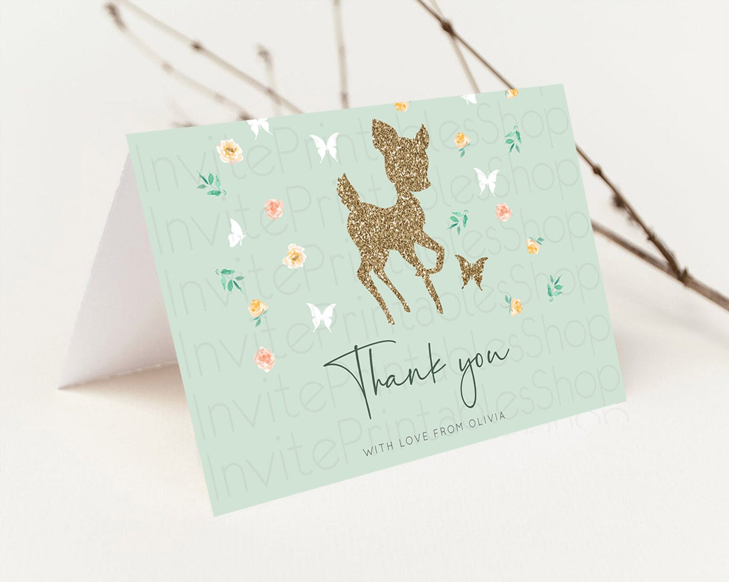 Fawn Thank You Deer Thank You Card Pastel Floral Deer Birthday Thank You Card Enchanted Forest Butterfly Deer Teacher Thank You Card D10385