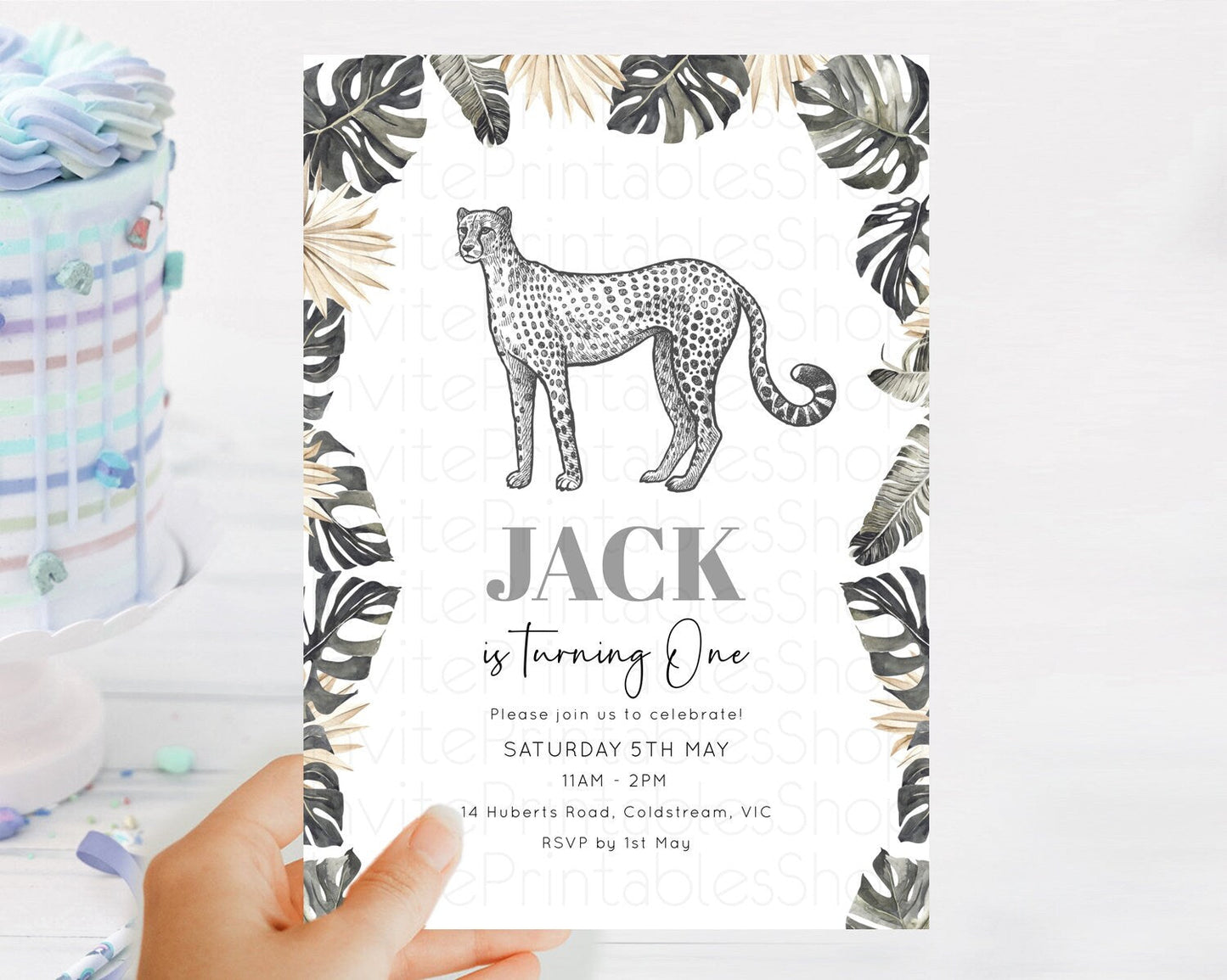 Cheetah Birthday Invitation Cheetah Invitation Cheetah Birthday Cheetah Safari Adventure Invite Cheetah Palm Leaf Invite Zoo Party D10823