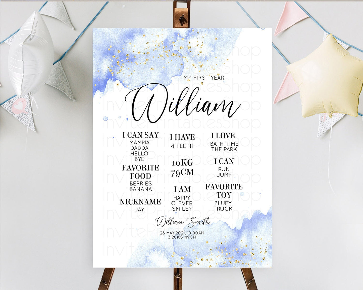 Blue First Birthday Milestone Poster Blue Watercolor Milestone Board Pastel Blue Watercolor Splash Milestone Board 1st Birthday Sign D10313