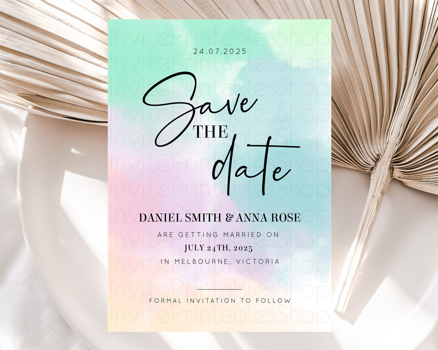 Pastel Save The Date Template Pastel Ombre Rainbow Watercolor Colorful Party For Birthday Baptism Baby Shower Wedding Bridal Shower D10375