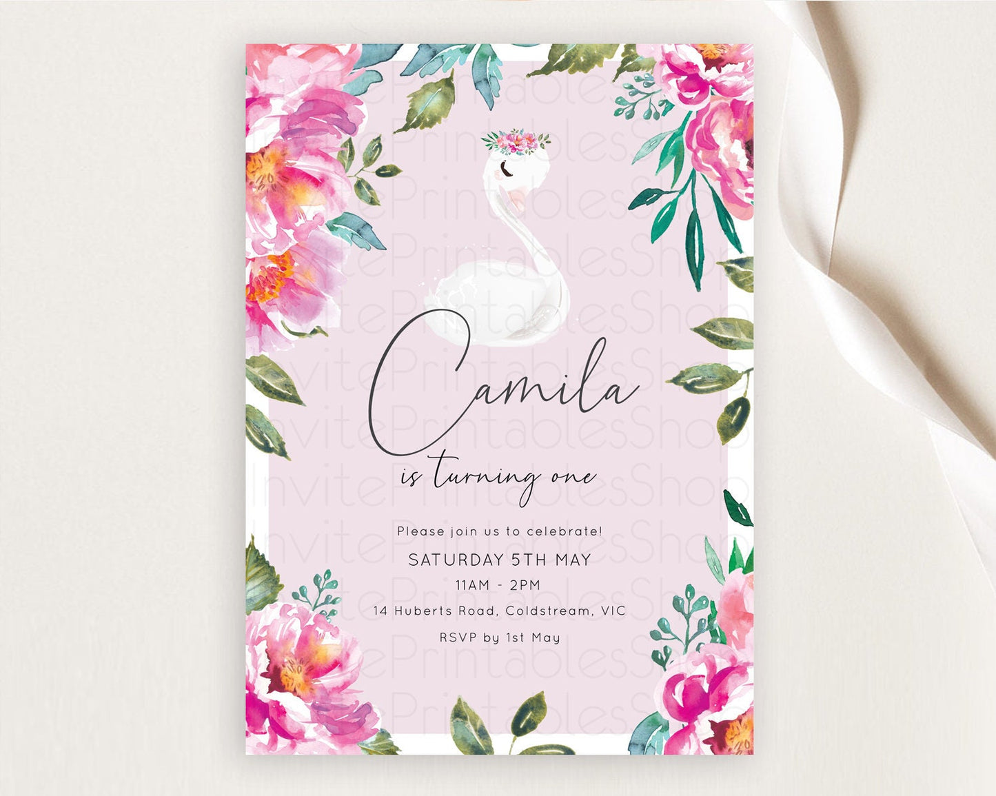 Swan Birthday Invitation Swan Princess Ballet Invitation Enchanted Forest Swan Lake Party Secret Garden Watercolour Pastel Floral D10757