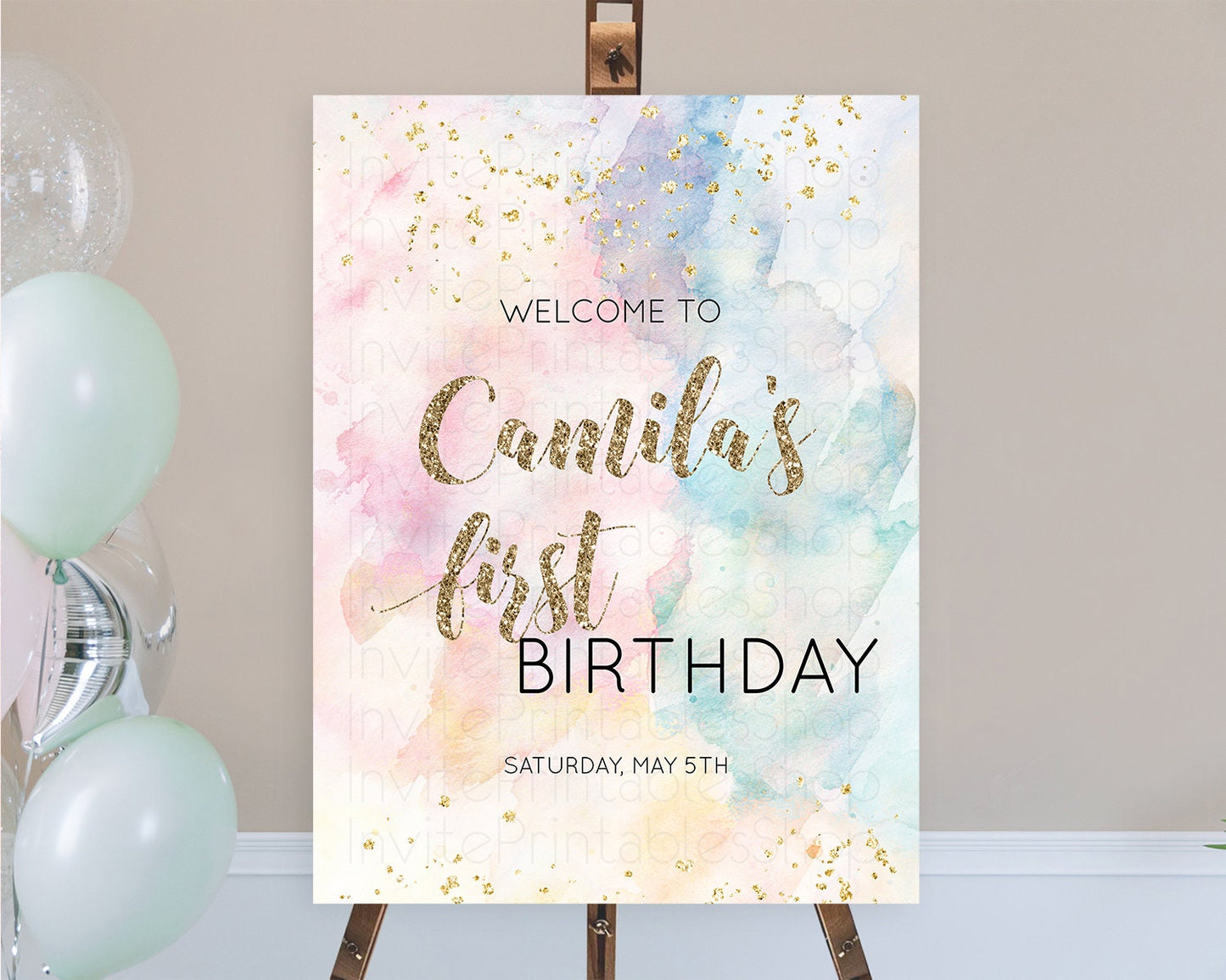 Pastel Welcome Sign Pastel Rainbow Welcome Sign Colorful Rainbow Confetti Watercolor Glitter Pastel First Birthday Welcome Sign D10264