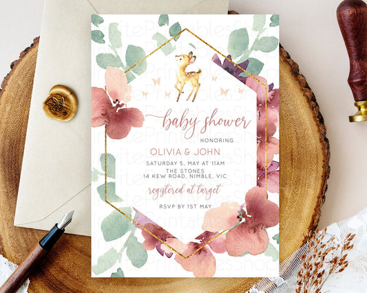 Enchanted Forest Baby Shower Invitation: Burgundy Pastel Flowers, Fawn, Deer, Butterfly, Floral Ideal for Whimsical Fall Celebration D10915