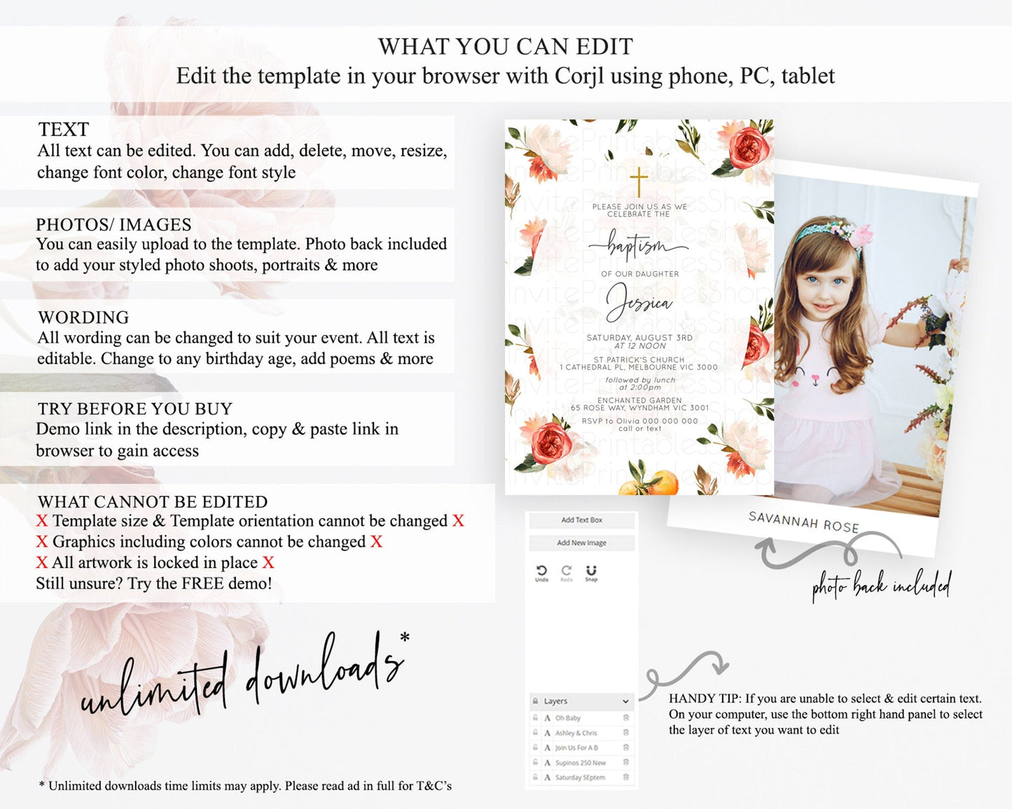 Secret Garden Baptism Invitation Wildflower Baptism Birthday Invite Pastel Flowers Christening Invite Enchanted Garden Boho Floral D10540