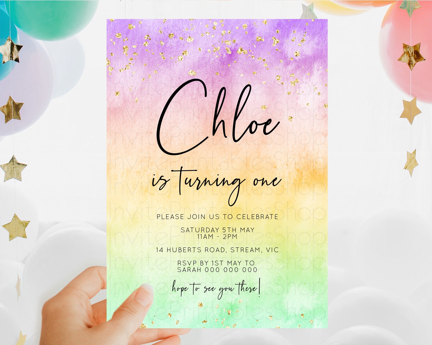 Editable Rainbow Birthday Invitation Colorful Pastel Watercolor Invitation G