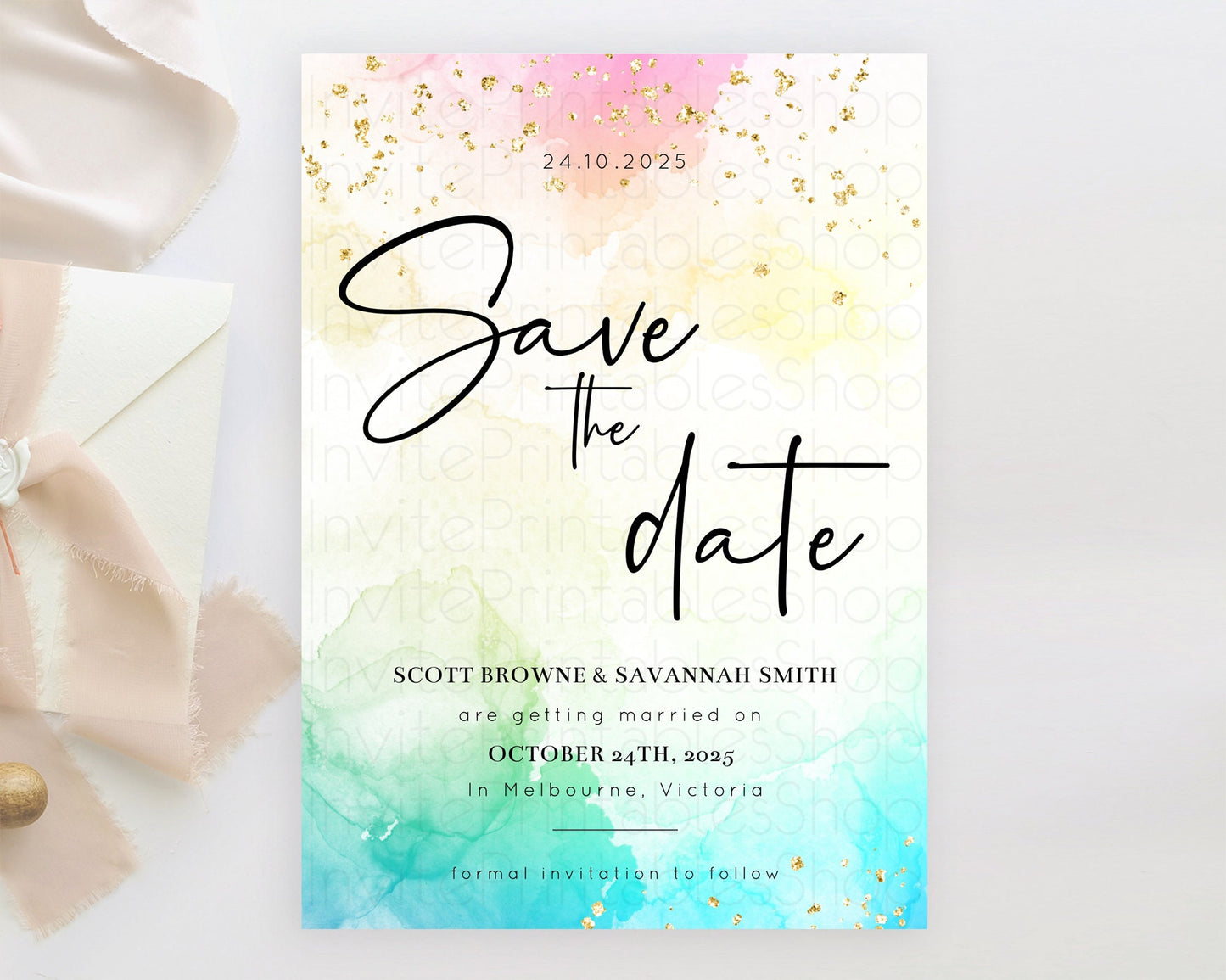 Pastel Save The Date Template Pastel Ombre Rainbow Watercolor Colorful Party For Birthday Baptism Baby Shower Wedding Bridal Shower D10151