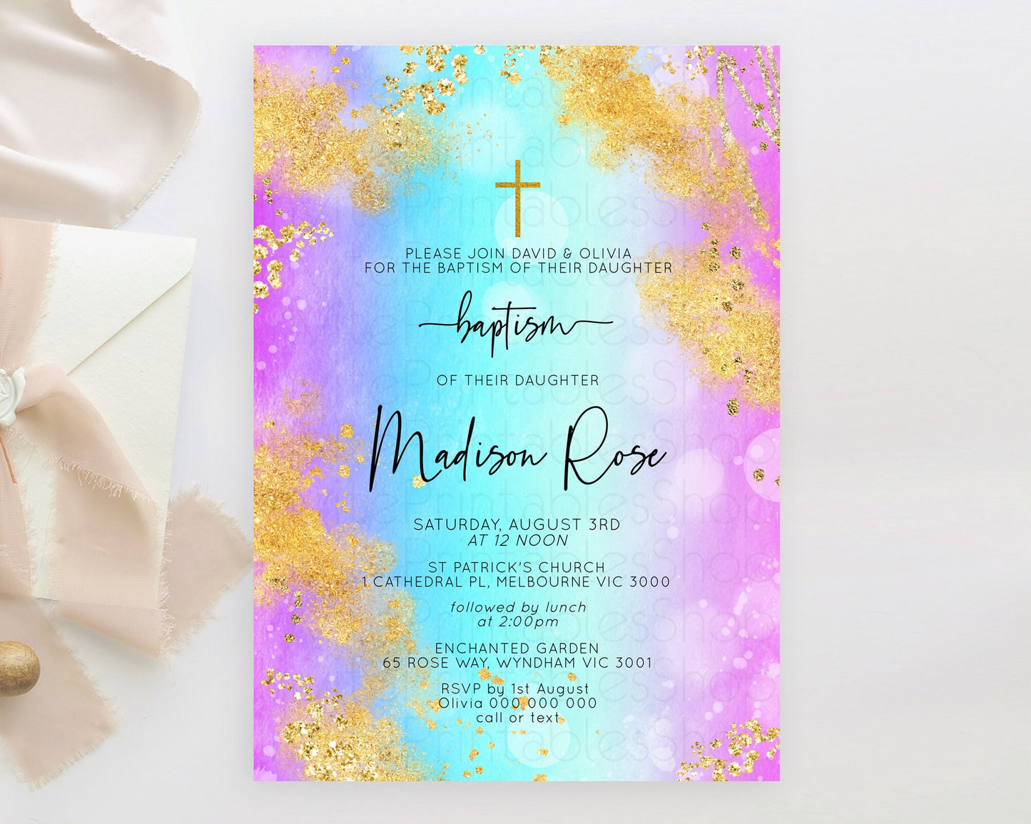 Pastel Baptism Invitation Pastel Colors Watercolor Baptism 1st Birthday Party Gold Ombre Pastel Rainbow Christening Holy Communion D10564